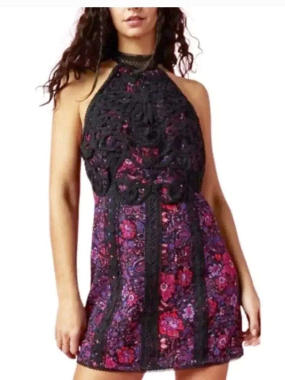 Free People Miss You Mini Halter Floral Dress Crochet Trim Backless